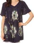 Sakkas Poppy Floral Hand Dyed Dye Pattern Top Blouse With Beaded Sequin V Neck#color_Navy