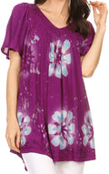Sakkas Poppy Floral Hand Dyed Dye Pattern Top Blouse With Beaded Sequin V Neck#color_Purple