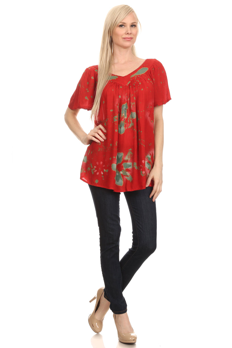 Sakkas Poppy Floral Hand Dyed Dye Pattern Top Blouse With Beaded Sequin V Neck