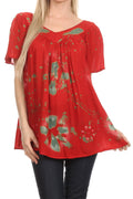 Sakkas Poppy Floral Hand Dyed Dye Pattern Top Blouse With Beaded Sequin V Neck#color_Red