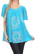 Sakkas Poppy Floral Hand Dyed Dye Pattern Top Blouse With Beaded Sequin V Neck#color_Turquoise