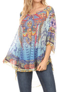 MKY Brigitte Women's Loose Casual Boho Short Sleeve Circle Blouse Top V-neck#color_EthnicMulti
