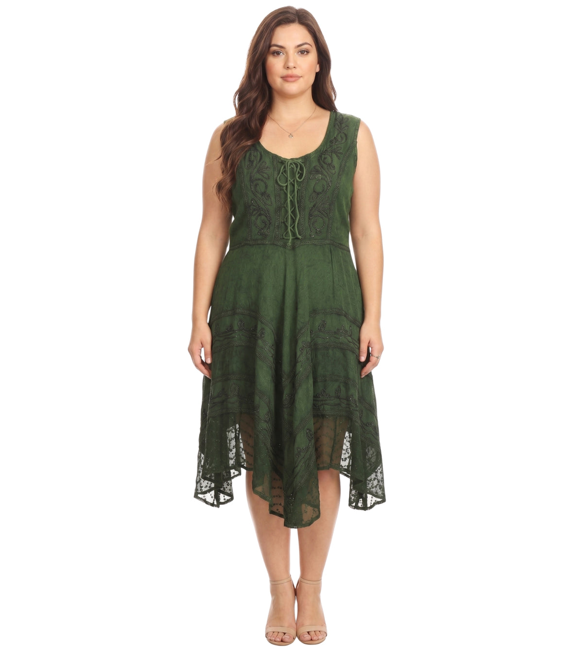 sakkas sundara stonewashed rayon embroidered mid length dress Sakkas Sundara Stonewashed Rayon Embroidered Mid Length Dress - Chocolate - S/M