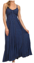 Sakkas Allie Stonewashed Embroidered Adjustable Spaghetti Straps Long Dress#color_Navy