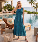 Sakkas Maya Floral Embroidered Sleeveless Button Up Rayon Dress