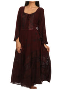 Sakkas Mirabel Stonewashed Corset Style Floral Emboridery Kimono Sleeve Dress#color_Burgundy