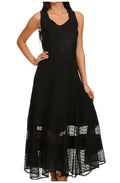 Sakkas Zendaya Stonewashed Rayon Embroidered Floral Vine Sleeveless V-neck Dress#color_Black