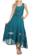 Sakkas Zendaya Stonewashed Rayon Embroidered Floral Vine Sleeveless V-neck Dress#color_TurquoiseBlue