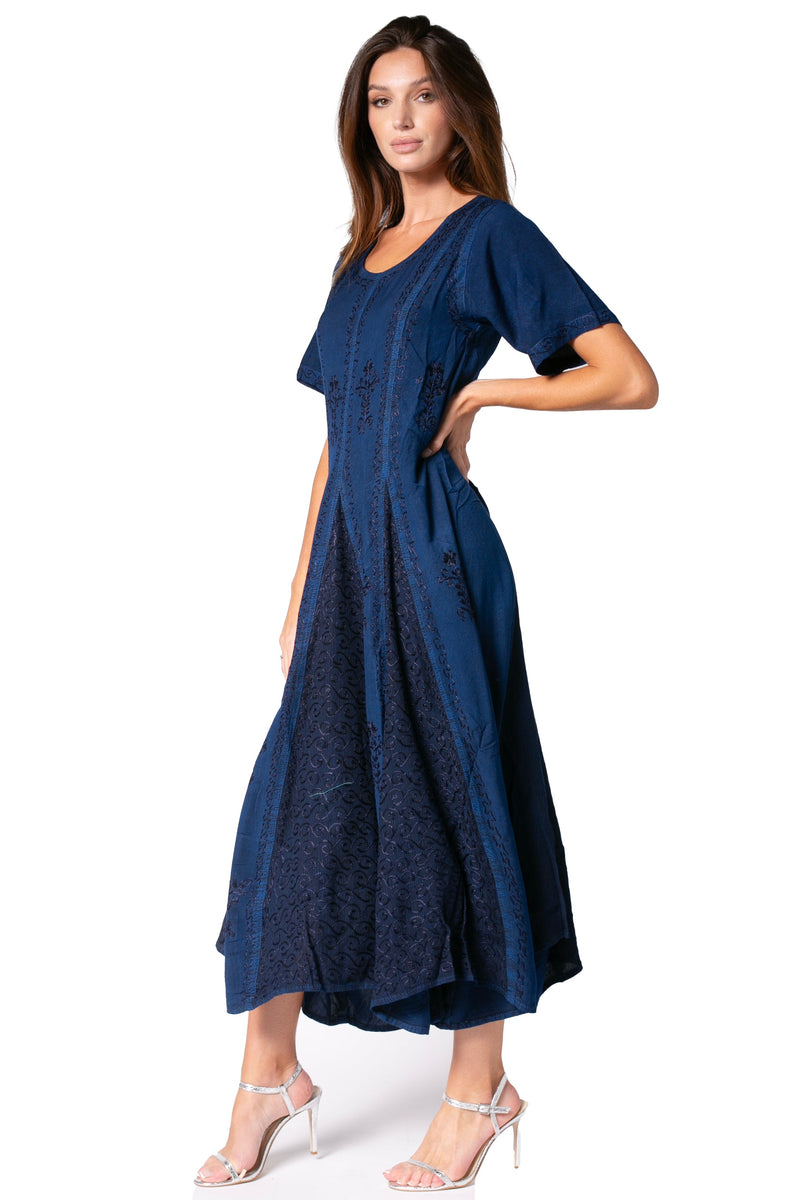 Sakkas Hailey Cap Sleeve Caftan Long Embroidered Stonewashed Dress
