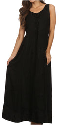 Sakkas Stella Long Tank Top Adjustable Caftan Corset Dress With Embroidery#color_Black