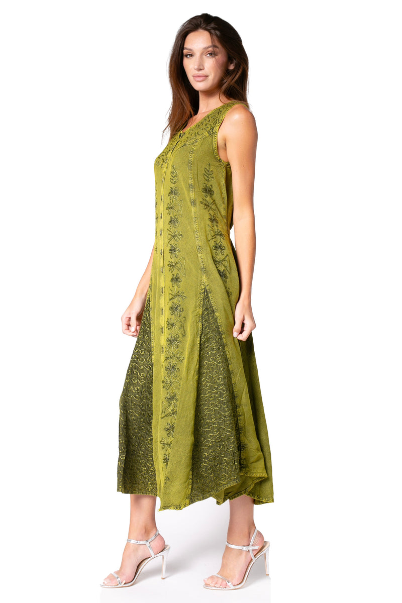 Sakkas Beverlee Embroidered Button Down Sleeveless Caftan Dress