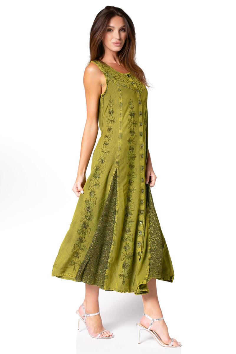 Sakkas Beverlee Embroidered Button Down Sleeveless Caftan Dress