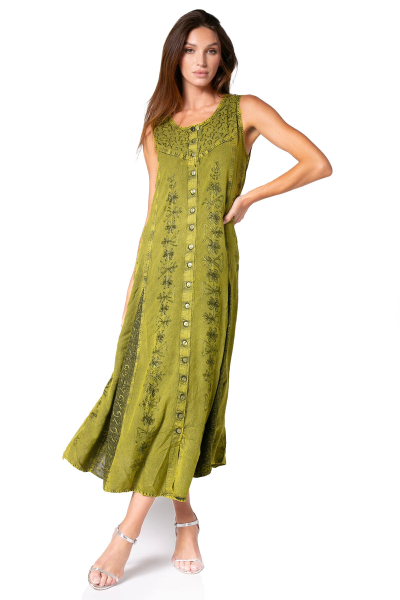 Sakkas Beverlee Embroidered Button Down Sleeveless Caftan Dress