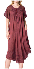 Sakkas Egan Women's Long Embroidered Caftan Dress / Cover Up With Embroidered Cap Sleeves#color_A-Burgundy