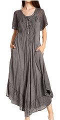 Sakkas Egan Women's Long Embroidered Caftan Dress / Cover Up With Embroidered Cap Sleeves#color_Grey