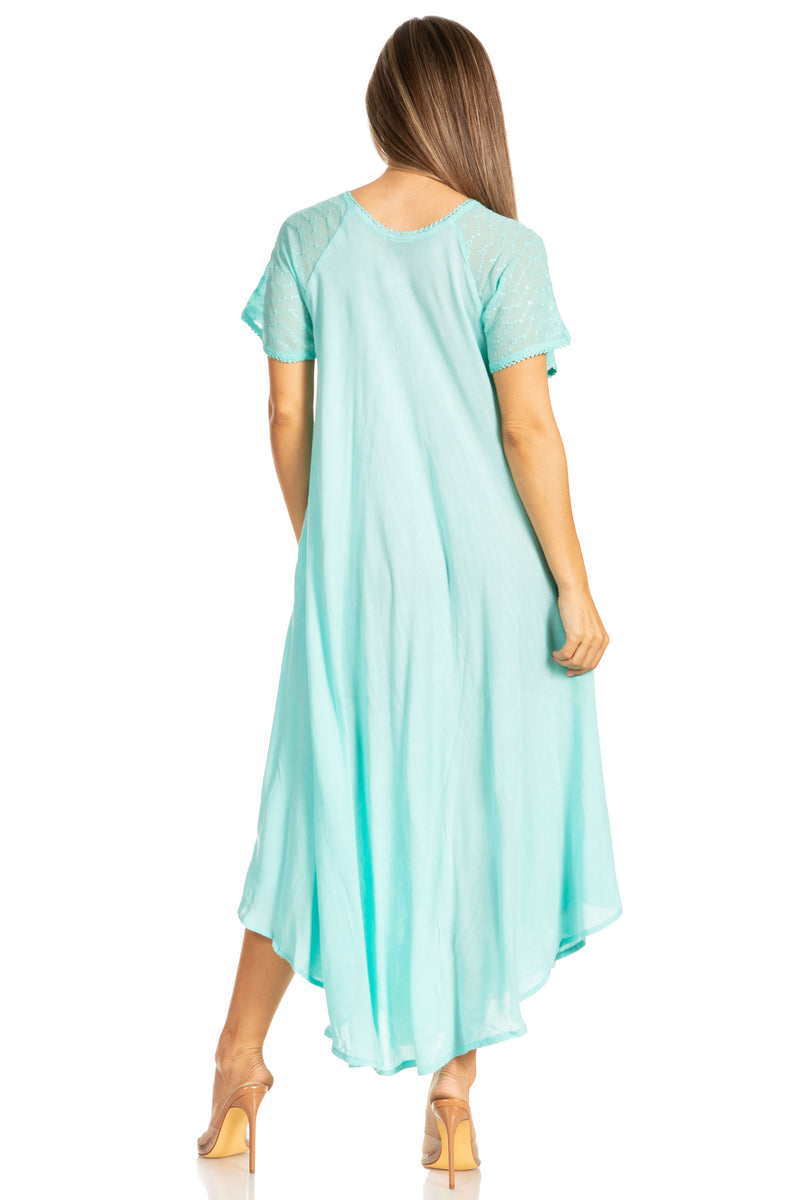 Sakkas Egan Long Embroidered Caftan Dress / Cover Up With Embroidered Cap Sleeves