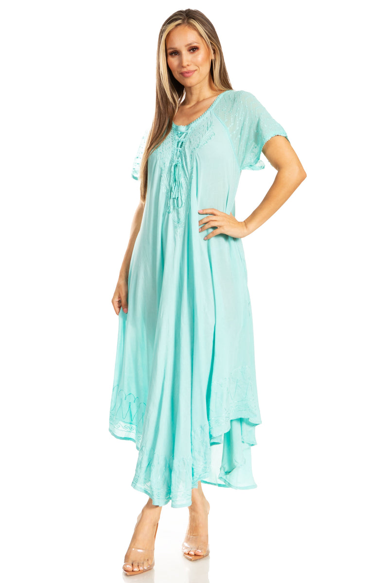Sakkas Egan Long Embroidered Caftan Dress / Cover Up With Embroidered Cap Sleeves