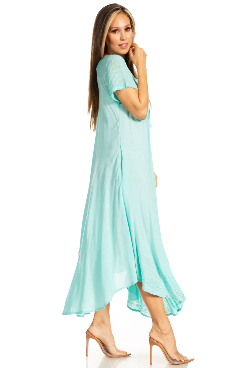 Sakkas Egan Long Embroidered Caftan Dress / Cover Up With Embroidered Cap Sleeves