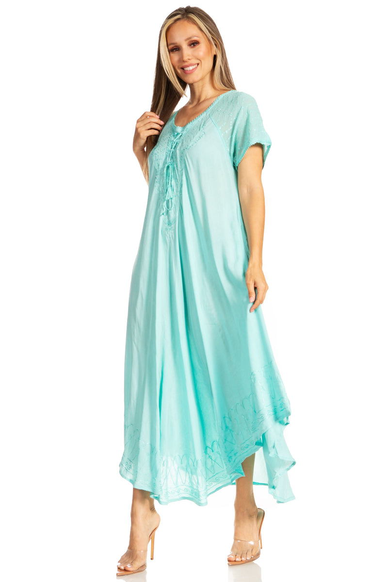 Sakkas Egan Long Embroidered Caftan Dress / Cover Up With Embroidered Cap Sleeves