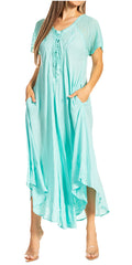 Sakkas Egan Long Embroidered Caftan Dress / Cover Up With Embroidered Cap Sleeves#color_P-Mint