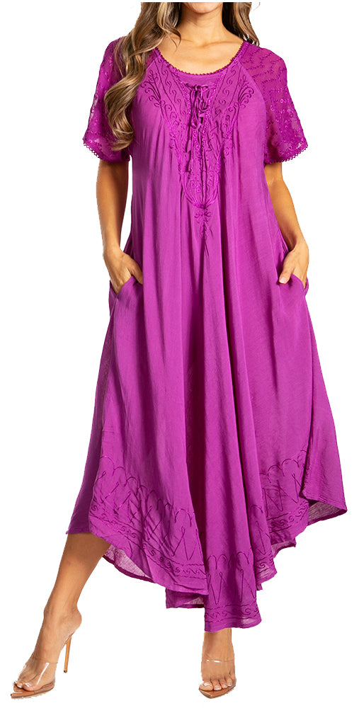 Sakkas Egan Women's Long Embroidered Caftan Dress / Cover Up With Embroidered Cap Sleeves