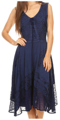 Sakkas Magdilena Stonewashed Corset Front Embroidered Dress#color_Navy