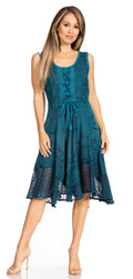Sakkas Magdilena Stonewashed Corset Front Embroidered Dress#color_Turquoise