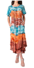 Sakkas Sula Tie-Dye Wide Neck Embroidered Boho Sundress Caftan Cover Up#color_Blue / Orange