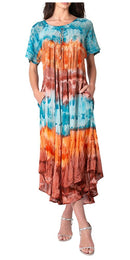 Sakkas Sula Tie-Dye Wide Neck Embroidered Boho Sundress Caftan Cover Up