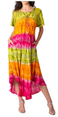 Sakkas Sula Tie-Dye Wide Neck Embroidered Boho Sundress Caftan Cover Up#color_Green / Orange