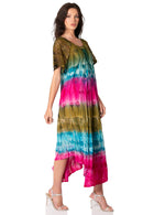 Sakkas Sula Tie-Dye Wide Neck Embroidered Boho Sundress Caftan Cover Up