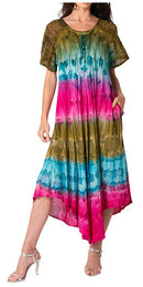 Sakkas Sula Tie-Dye Wide Neck Embroidered Boho Sundress Caftan Cover Up