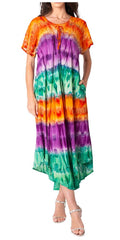 Sakkas Sula Tie-Dye Wide Neck Embroidered Boho Sundress Caftan Cover Up#color_Orange / Purple