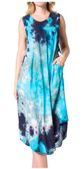 Sakkas Neja Women's Casual Maxi Summer Sleeveless Loose Fit Tie Dye Tank Dress #color_19251-NavyGreen