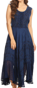 Sakkas Kevina Stonewashed Rayon Embroidered Dress#color_Navy
