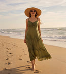 Sakkas Stonewashed Rayon Embroidered Adjustable Spaghetti Straps Long Dress