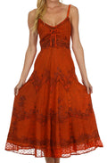 Sakkas Stonewashed Rayon Embroidered Adjustable Spaghetti Straps Long Dress#color_BurntOrange