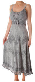 Sakkas Stonewashed Rayon Embroidered Adjustable Spaghetti Straps Long Dress#color_Gray