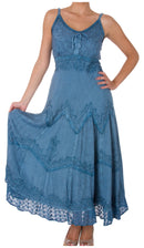 Sakkas Stonewashed Rayon Embroidered Adjustable Spaghetti Straps Long Dress