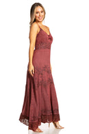 Sakkas Stonewashed Rayon Embroidered Adjustable Spaghetti Straps Long Dress
