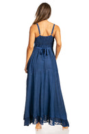 Sakkas Stonewashed Rayon Embroidered Adjustable Spaghetti Straps Long Dress
