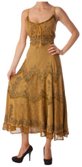 Sakkas Stonewashed Rayon Embroidered Adjustable Spaghetti Straps Long Dress#color_OldGold