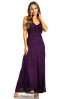 Sakkas Stonewashed Rayon Embroidered Adjustable Spaghetti Straps Long Dress