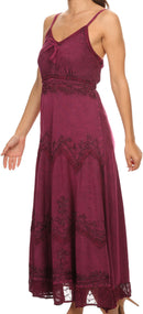 Sakkas Stonewashed Rayon Embroidered Adjustable Spaghetti Straps Long Dress