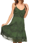 Sakkas Stonewashed Rayon Adjustable Spaghetti Straps Mid Length Dress#color_DarkGreen