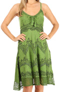 Sakkas Stonewashed Rayon Adjustable Spaghetti Straps Mid Length Dress#color_Green