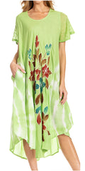 Sakkas Embroidered Painted Floral Cap Sleeve Cotton Dress#color_Green