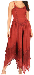 Sakkas Rayon Embroidered Stonewashed Adjustable Spaghetti Straps Long Dress#color_Burgundy