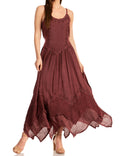 Sakkas Rayon Embroidered Stonewashed Adjustable Spaghetti Straps Long Dress#color_Chocolate