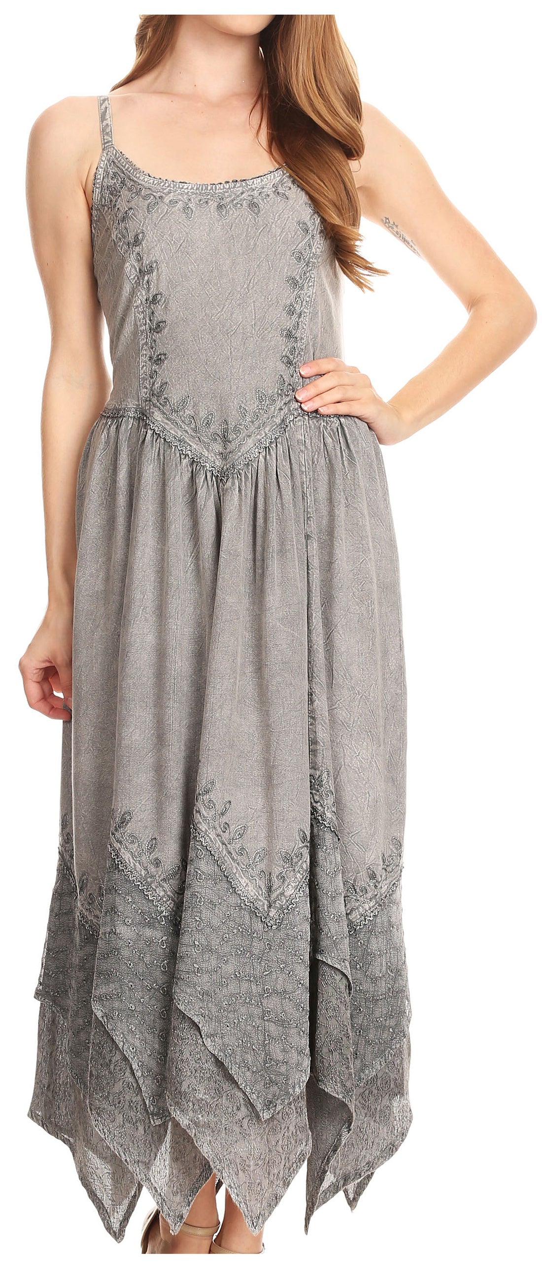 sakkas stonewashed rayon embroidered adjustable spaghetti straps long dress MKY Amy Stonewashed Rayon Embroidered Adjustable Spaghetti Straps Long Dress L/XL / Burgandy